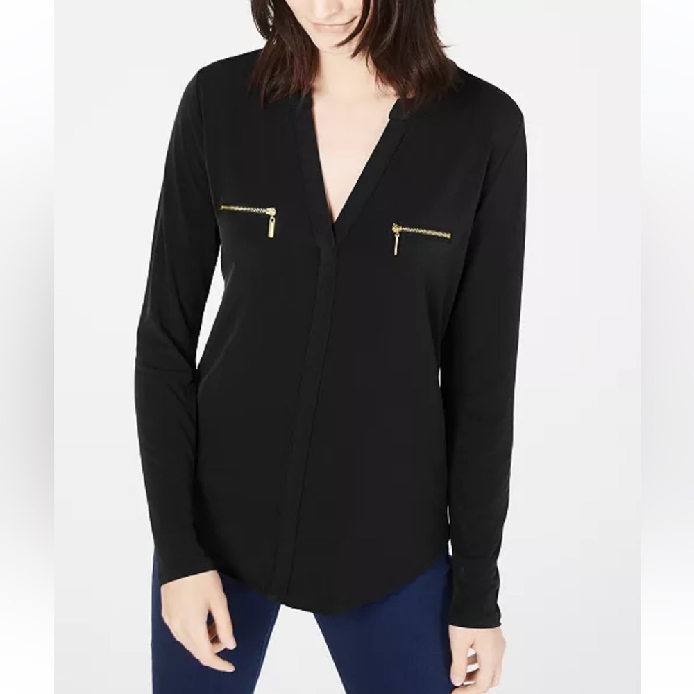 INC International Concepts Black Blouse with Gold Zipper  Pockets